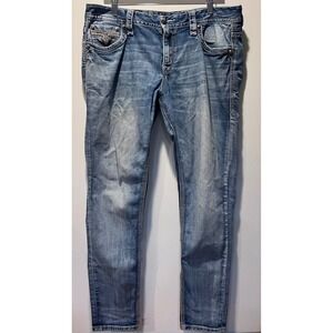 Rock Revival Lam Easy Skinny Jeans Blue Wash Embellished Pockets Women 32